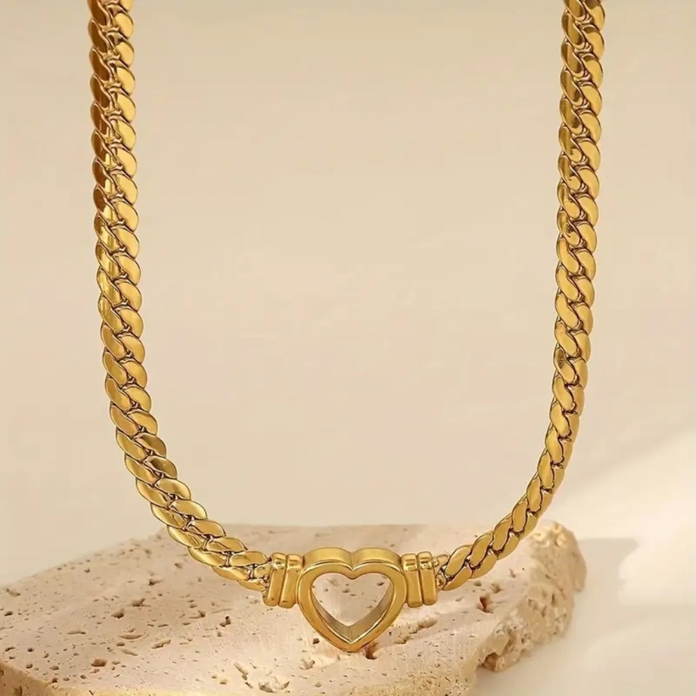 Cuban Lknk Chain 18K Gold Plated Heart Stainless Steel Love Necklace - Picture 5 of 7